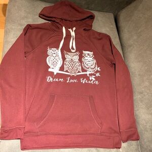 Ardene Burgundy/Wine 3 Owls Hoodie Sweatshirt - size S